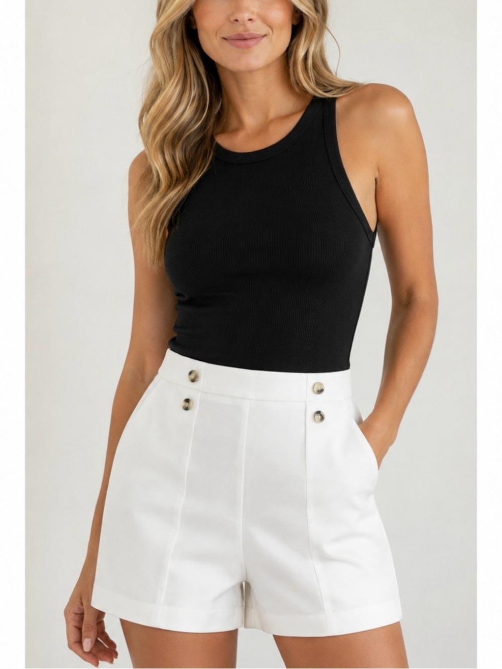 Vince Camuto Ivory High-Waist Tailored Shorts with Button Accents